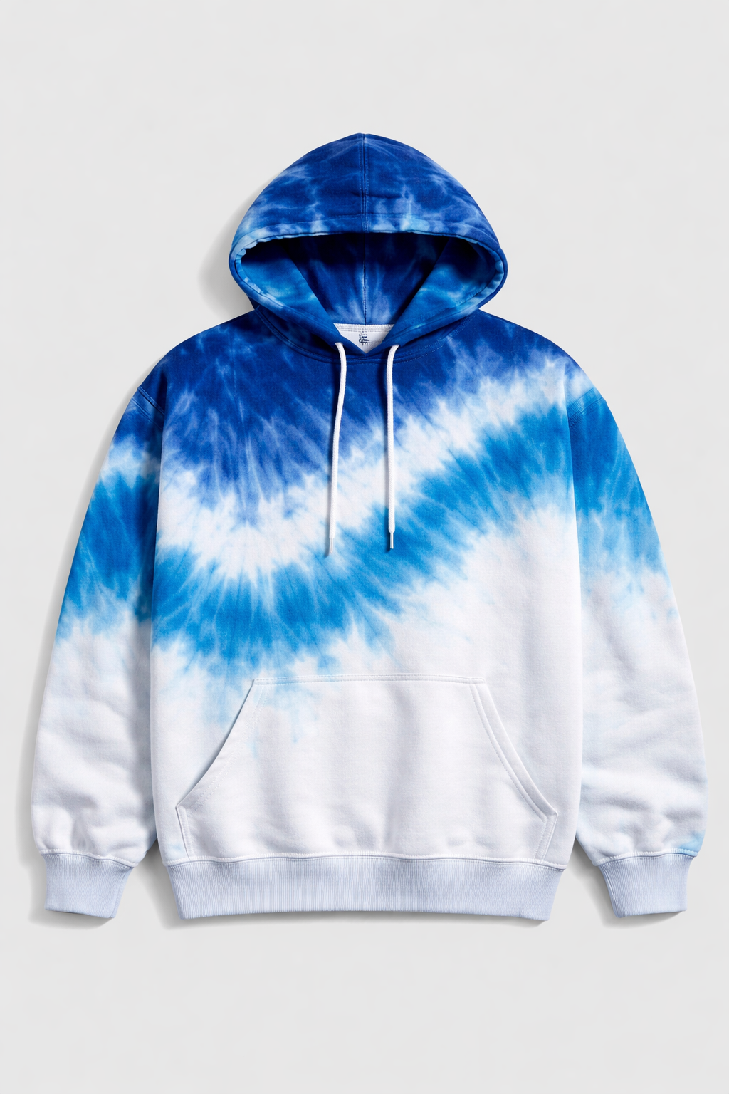 Hoodie with a blue tie-dye wave pattern